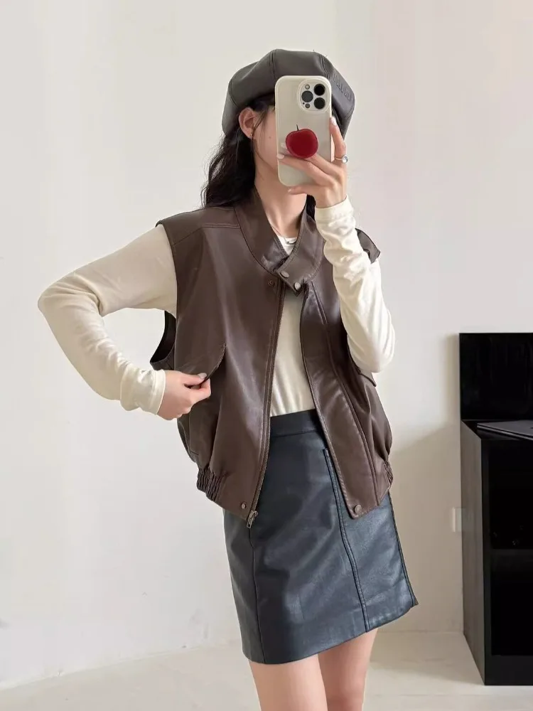 OFTBUY Faux Leather Jacket Vintage-style Motorcycle Women's 2026 Spring Casual Sleeveless Top Trendy Coat Women's Outerwear