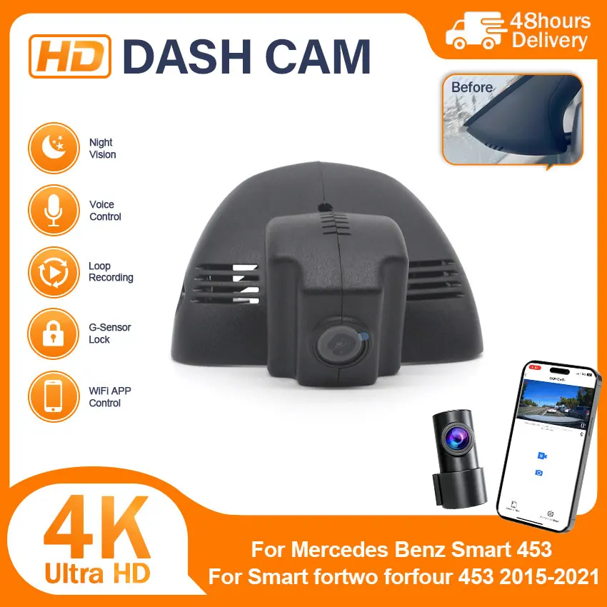 UHD 4K 2160P DVR Dash Cam For Mercedes Benz Smart 453 for Smart fortwo forfour 453 2015-2021 Car Video Recorder Night Vision