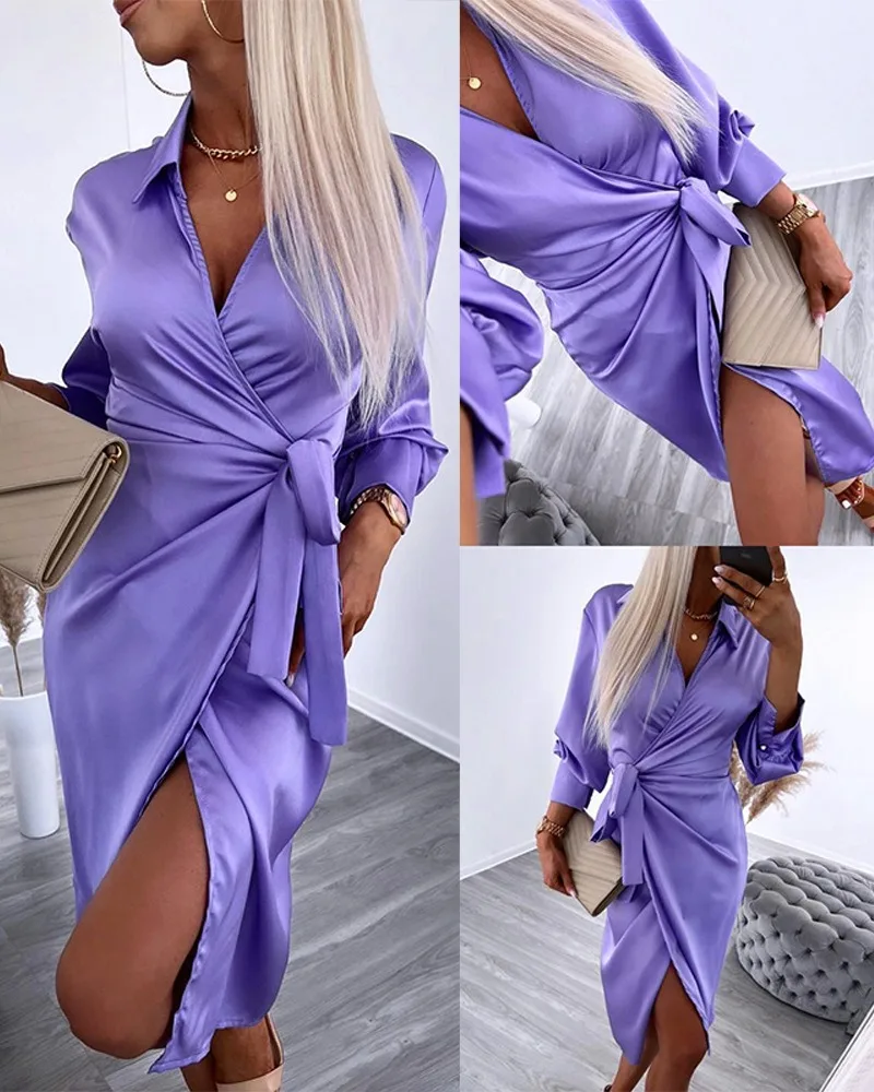 2024 Spring Womens Dresses Fashion Knotted Slit Ruched Satin Long Sleeve Turn-down Collar Casual Temperament Midi Shirt Dress