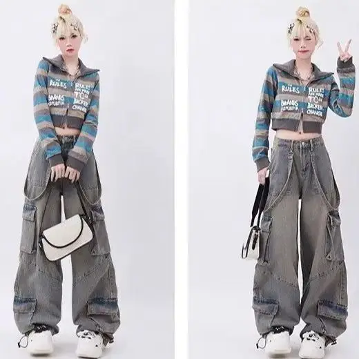 Retro Workwear Old Multi-Pocket Jeans Women Spring Summer New Niche Design High Waist Casual Versatile Straight Floor Trousers