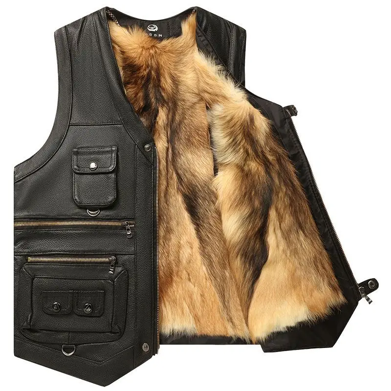 

Autumn and Spring Men's Motorcycle Vest V Neck Sleeveless Faux Pu Leather Jacket Windproof Extra Warm Waistcoat Coat D18