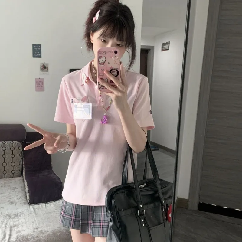 ديبتاون الأساسية المطرزة تي شيرت المرأة قصيرة الأكمام بولو طوق النمط الياباني JK تيز سليم Preppy بلون الصيف الشباب #3