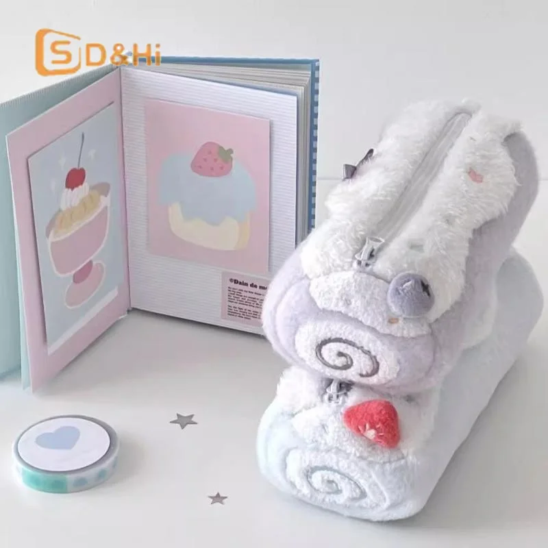 

Милый кремовый швейцарский рулонный плюшевый пенал большой емкости, школьная сумка для хранения канцелярских принадлежностей