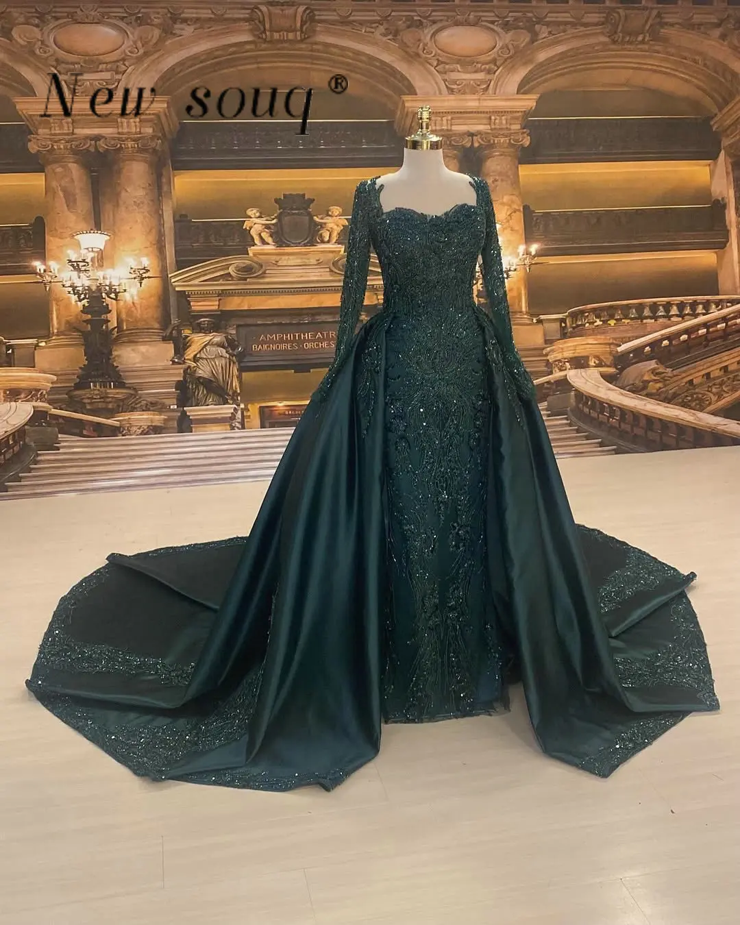 

Emerald Green Long Sleeves Evening Dresses with Satin Overskirt Customized Beaded Formal Party Gowns ﻿for Wedding Guests