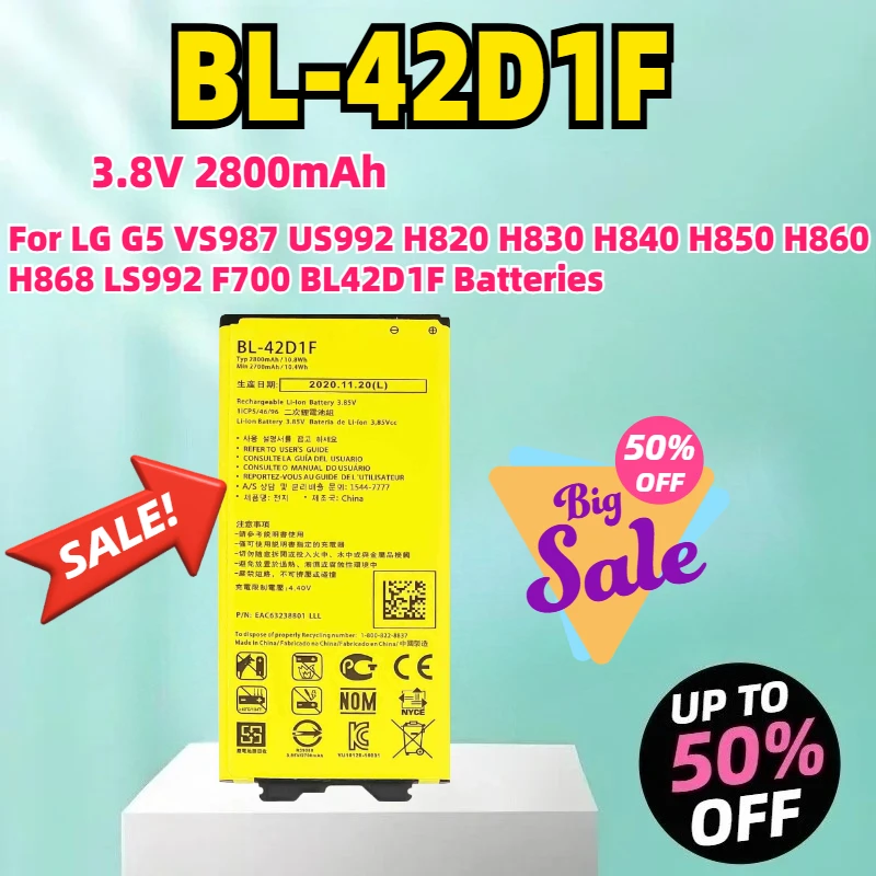 

New 3.8V 2800mAh BL-42D1F Replacement Battery For LG G5 VS987 US992 H820 H830 H840 H850 H860 H868 LS992 F700 BL42D1F Batteries