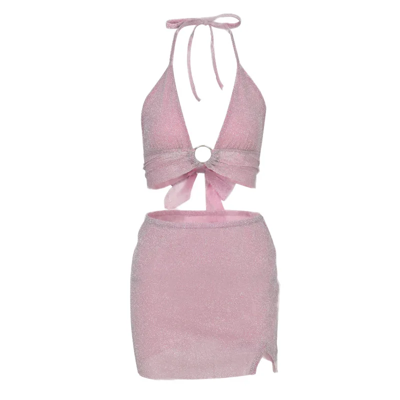 AliExpress,  Hot-selling 2025  Product, Sexy Backless, Open Button, Lace-up, Perspective Bright Silk Skirt Set, Female Cw13410.