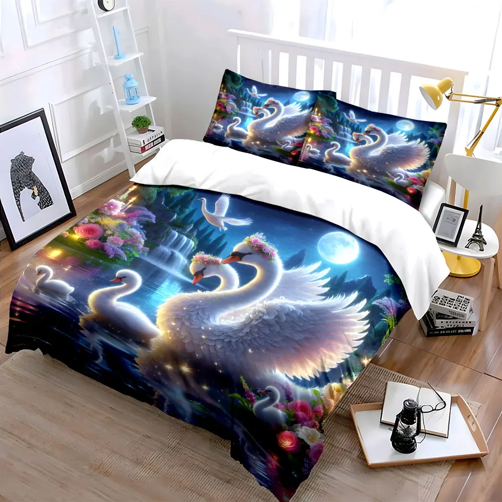 Graceful swans by floral lake Pattern Duvet Cover Set Digital Print Colorful Polyester Bedding with Zipper Closur for kids gift