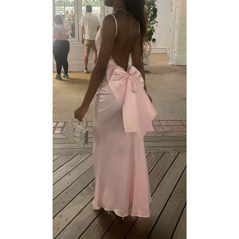 

Custom Classic Sheath Women Dress Elegant Scoop Neck Sleeveless Satin Evening Gown with Bowknot Simple Backless Cocktail Dress