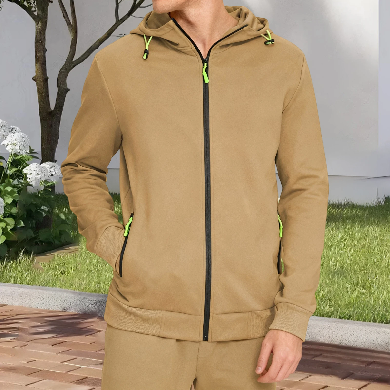Men Spring Autumn Hooded Tops Long Sleeve Contrast Color Zip Up Hoodie with 2 Pockets