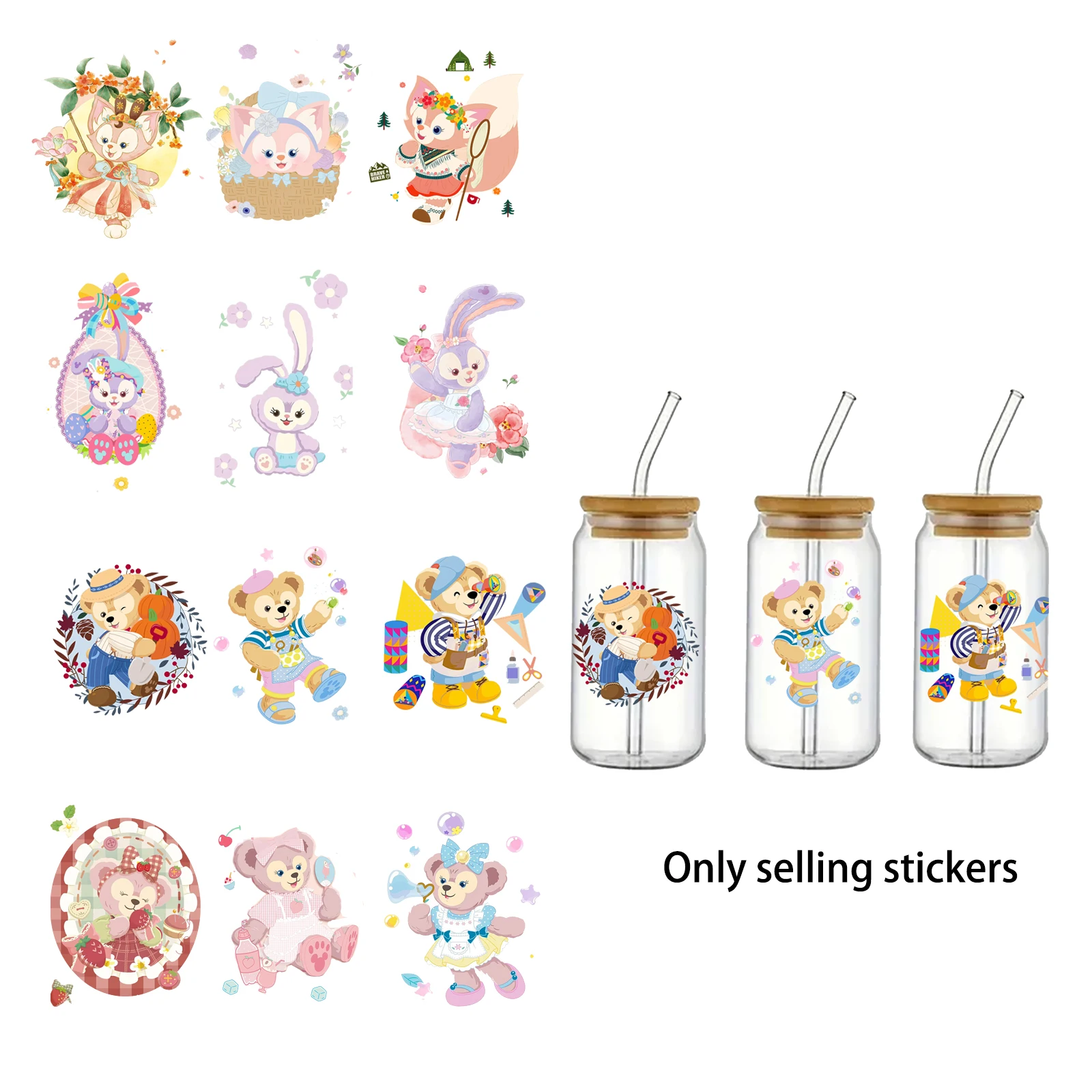 

Disney Duffy and Friend Series 16OZ UV DTF Cup Wraps Bottle Sticker for Glass Libbey Can Bottle Selfadhesive Washable DIY Custom