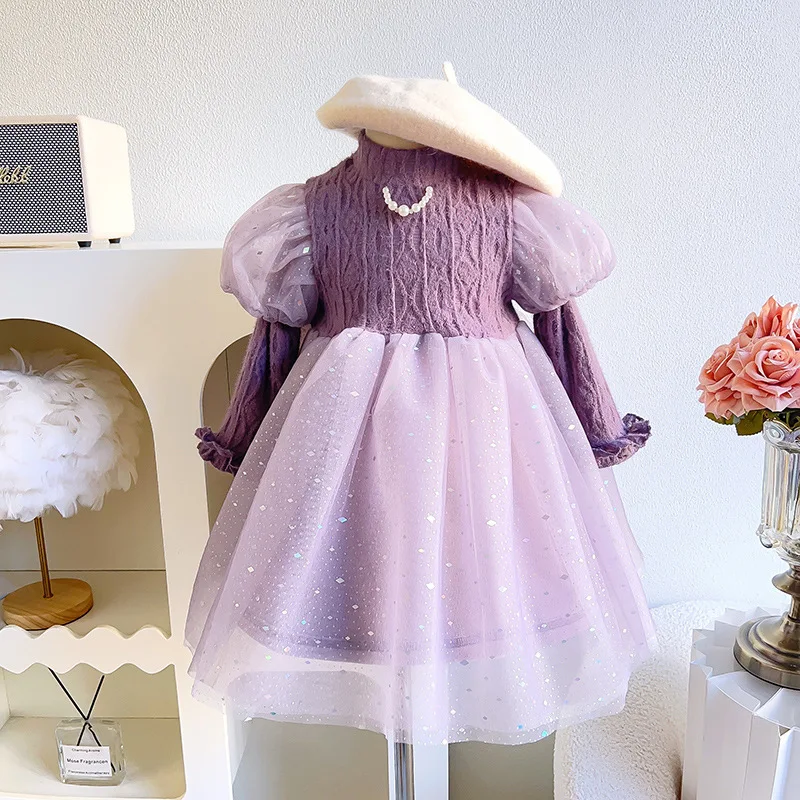 

Girl's Princess Dress2025Winter New Fashion Cute Sweet Ruffled Solid Color Mesh Dress