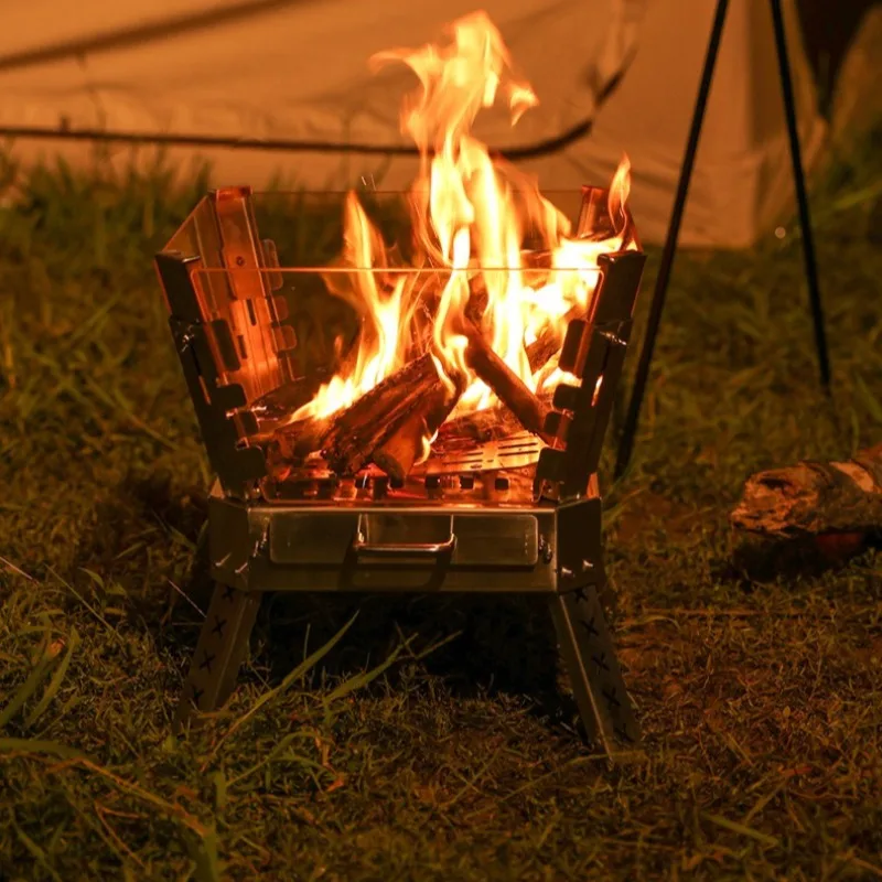 

Portable Foldable Camping Fire Pit Transparent Glass Panel Stainless Steel Frame Burning Platform Outdoor Cooking Supplies