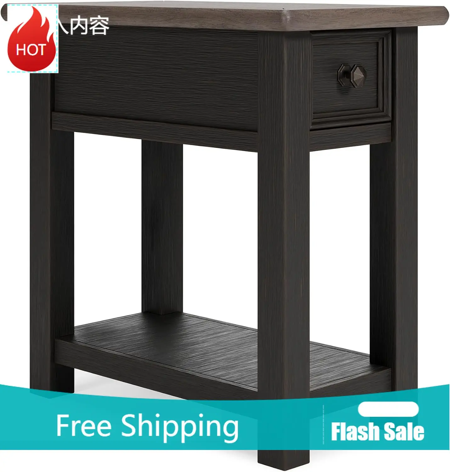 Signature Design by Ashley Narrow Side Table with Charging Station, Tyler Creek Chairside End Table, Wood, Smooth-Gliding Storag