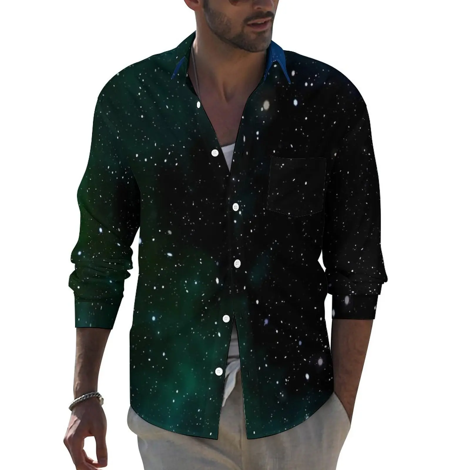 Galaxy Nebula Aesthetic Casual Shirt Men Stars Print Shirt Autumn Vintage Blouses Long Sleeve Pattern Oversized Clothes