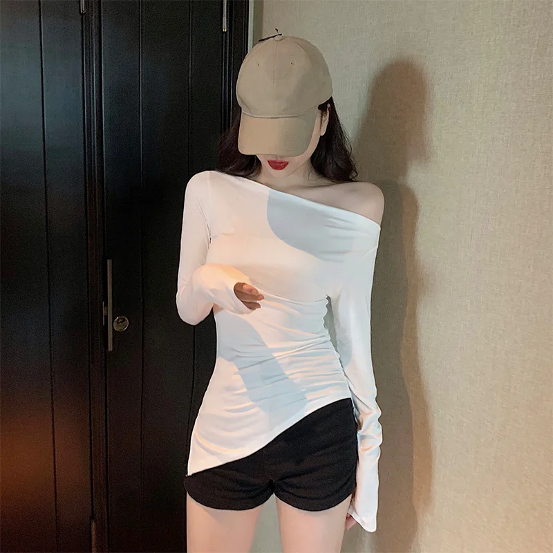 2022 Spring Women Sexy Slash Neck Irregular T shirts Girls Off Shoulder Black White Split Tees Long Sleeve Tops