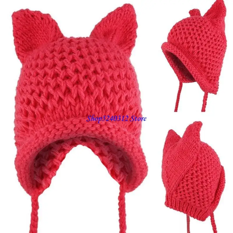 634C Women Winter Chunky Knitted Beanie Hat 3D for Cat Ears Solid Color Handmade Crochet Windproof Warm Earflap Cap with
