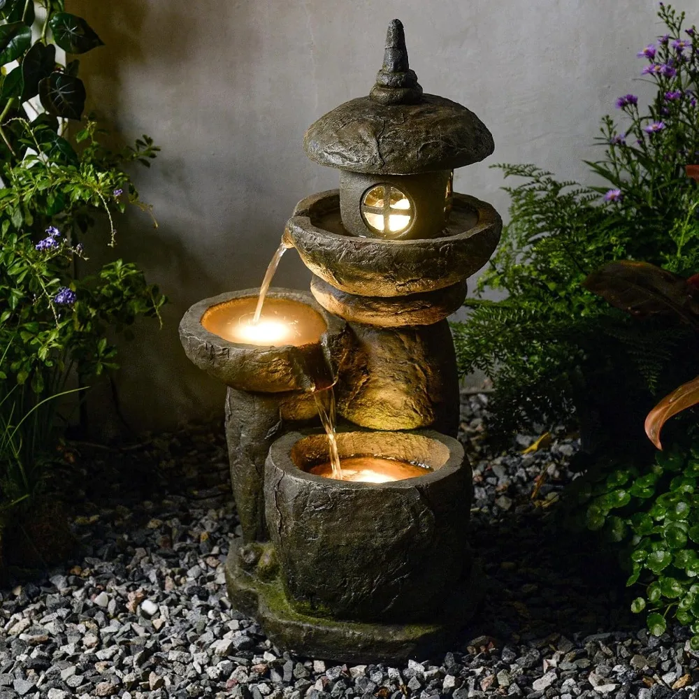 

Waterfalll Fountain Outdoor Zen Water Fountains Garden Patio Freestanding Water Feature with LED Lights for Backyard Deck Porch