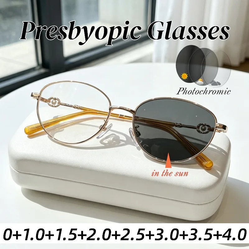 

New Fashion Metal Oval Small-Frame Photochromic Presbyopia Glasses Vintage HD Ultra Light Design Versatile Eyeglasses Women Men