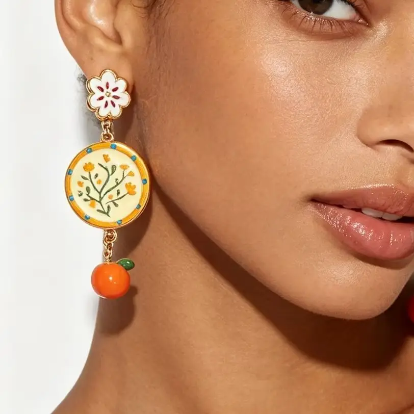 Cute Painted Flower Orange Earrings: Fresh, Rustic-Style Floral and Fruit-Inspired Colorful Women's Jewelry NEW