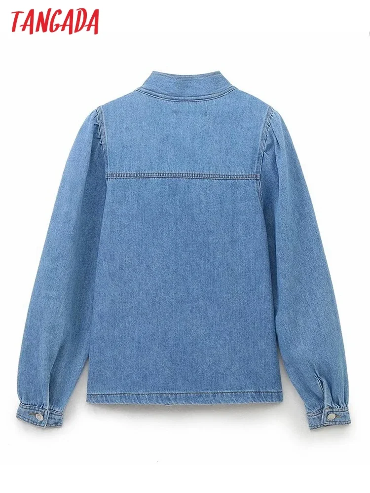 Tangada 2023 Women Blue Denim Cotton Shirt With Bow Long Sleeve Female Loose Blouse Tops 6H321X