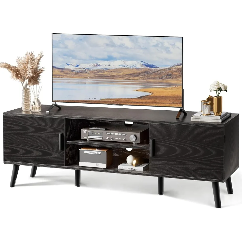 

TV Stand for 55 Inch TV Console Table Home Furniture for Living Room Bedroom Cord Holes 2 Cabinets Solid Wood Feet Cabinet