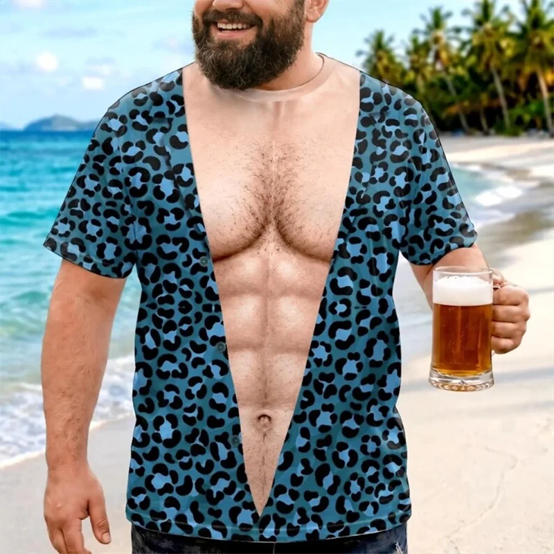 Men Funny 3D Fake Open Leopard Shirt Muscle Chest Print T‑Shirt Novelty Humor Short Sleeve Beach Party Festival Crew Neck Tees