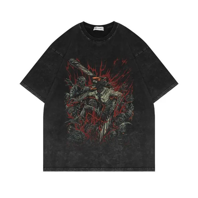 

Футболка Chainsaw Man 2026 летняя винтажная из выстиранного хлопка оверсайз в уличном стиле Chainsaw Man Denji Zombie Horde Gore Horror