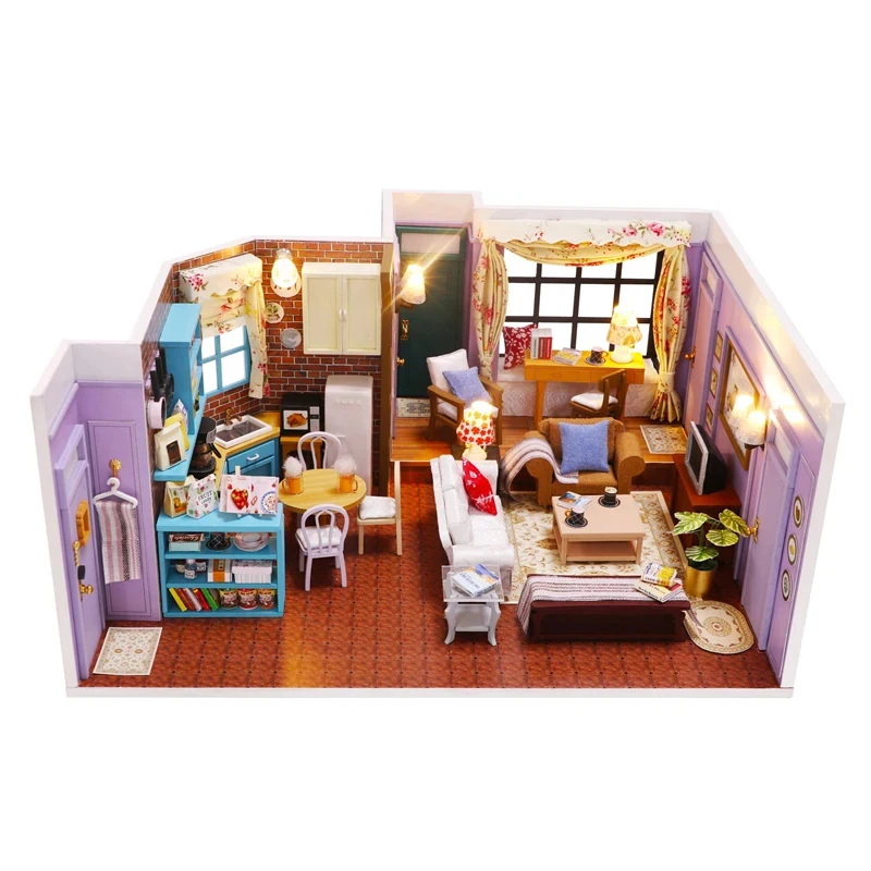 

OUZEY Wooden Dollhouse Miniature Building Kit with Furniture DIY Monica's Apartment Assembly Toys for Friends Gift