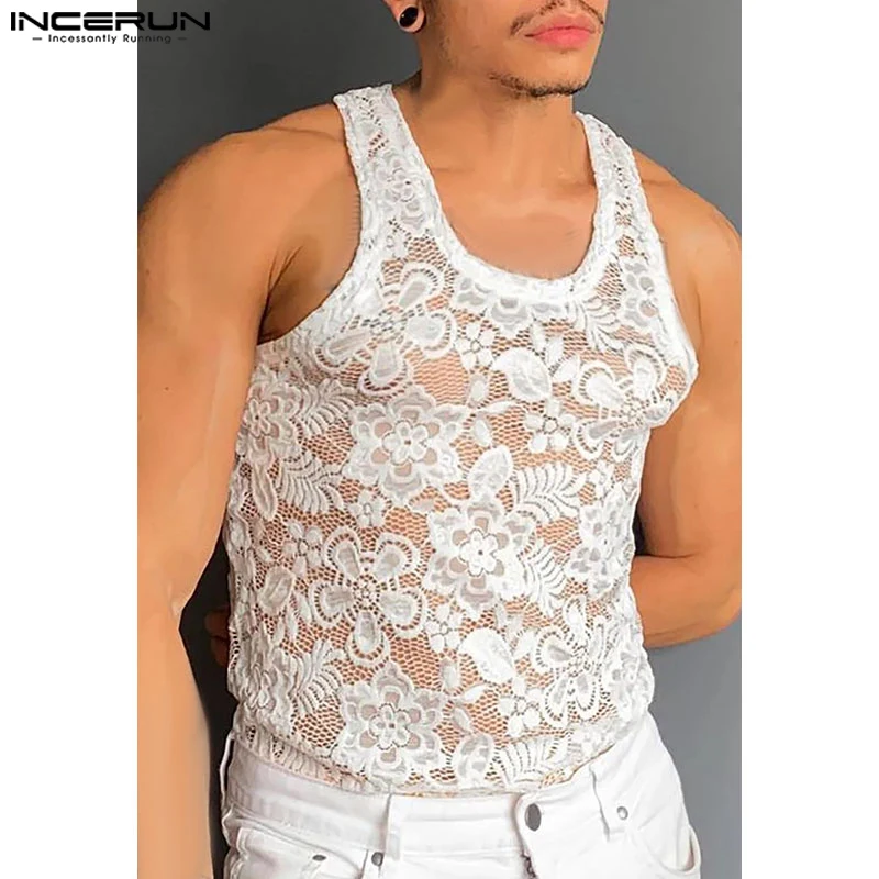 INCERUN Men\'s Tank Tops Lace O-neck Sleeveless Sexy Streetwear Male Vests Summer Transparent 2024 Fitness Fashion Men Clothing