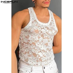 INCERUN Men's Tank Tops Lace O-neck Sleeveless Sexy Streetwear Male Vests Summer Transparent 2024 Fitness Fashion Men Clothing