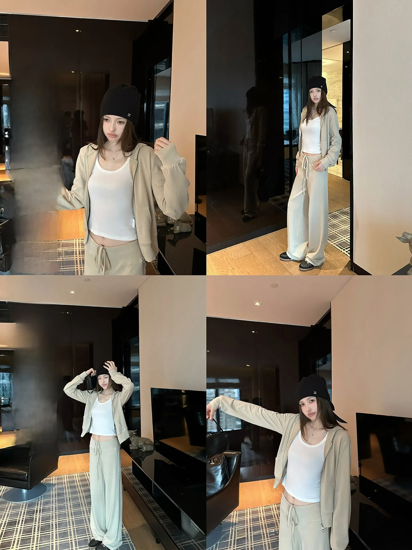 

NingSi простой открытый кардиган на молнии с капюшоном, женский ранний осенний корейский повседневный свободный комплект с широкими брюками и длинными брюками