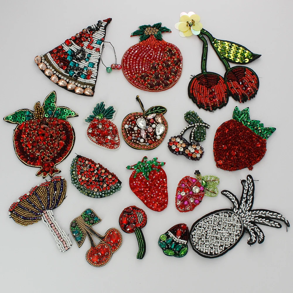 Fruit Beaded Rhinestone Patches Clothes DIY Strawberry Cherry Pomegranate Craft Badge Sew on Applique Embroidery Accessory