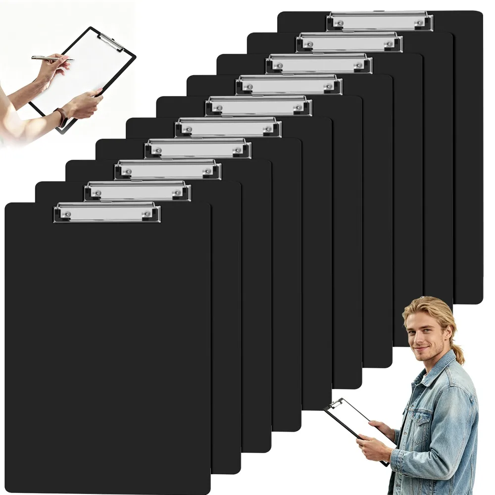 Ensemble de 10 porte-documents A4 noirs en plastique, équipés de pinces métalliques robustes, surfaces d'écriture légères, durables et portables, supports de documents multi-usages pour l'administration de bureau, l'apprentissage scolaire, le tri de documents domestiques et l'utilisation quotidienne professionnelle.