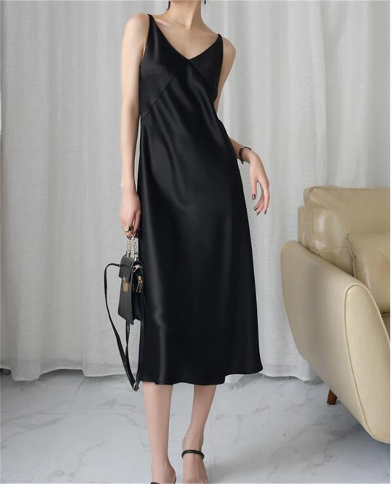 High Quality Elegant A-Line Long Dress Fashion Chic Women Ice Silk Satin Vintage Dress Sleeveless Loose Party Dresses Vestidos