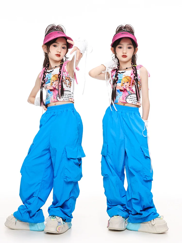 

Детская милая одежда в стиле хип-хоп на шнуровке с принтом, укороченная майка, синие повседневные брюки-карго с парашютом для девочек, костюмы для уличных танцев, одежда