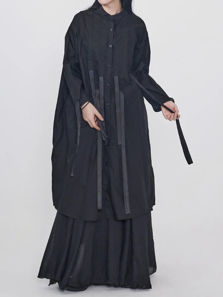 YERMORA Women Black Ribbon Big Size Casual Shirt Dress Stand Collar Long Sleeve Loose Fashion Tide Spring Summer 2025 New
