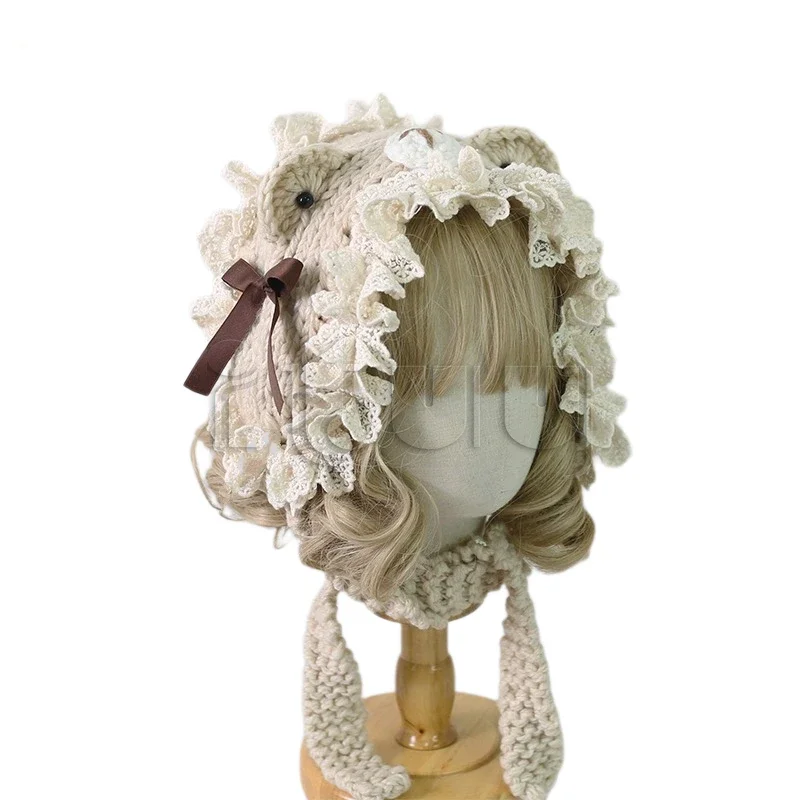 수제 니트 모자 여자 여자 로리타 고양이 귀 레이스 트림 보우 달콤한 따뜻한 모자 겨울 패션 카와이 뜨개질 액세서리