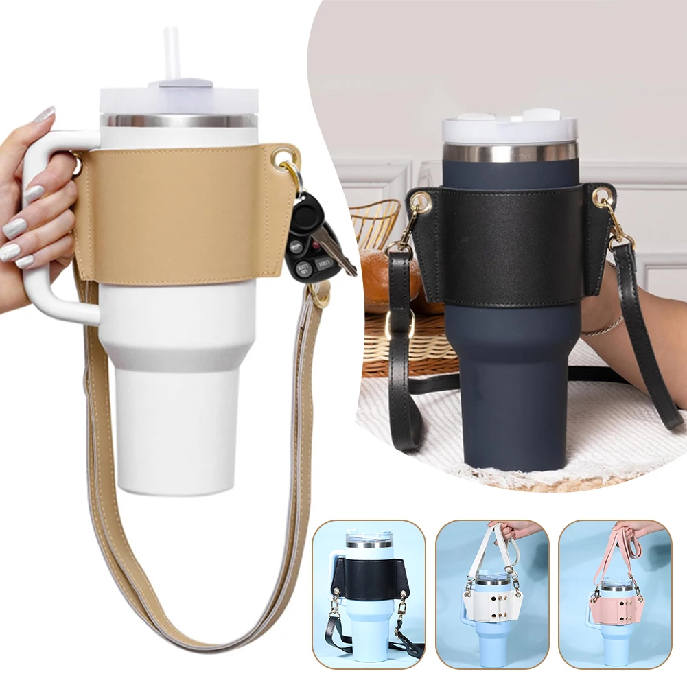 Portable PU Leather Bottle Holder,Insulated Cup Sleeve with Adjustables Strap for Outdoor Camping Travel,Reusable Mug Sleeves