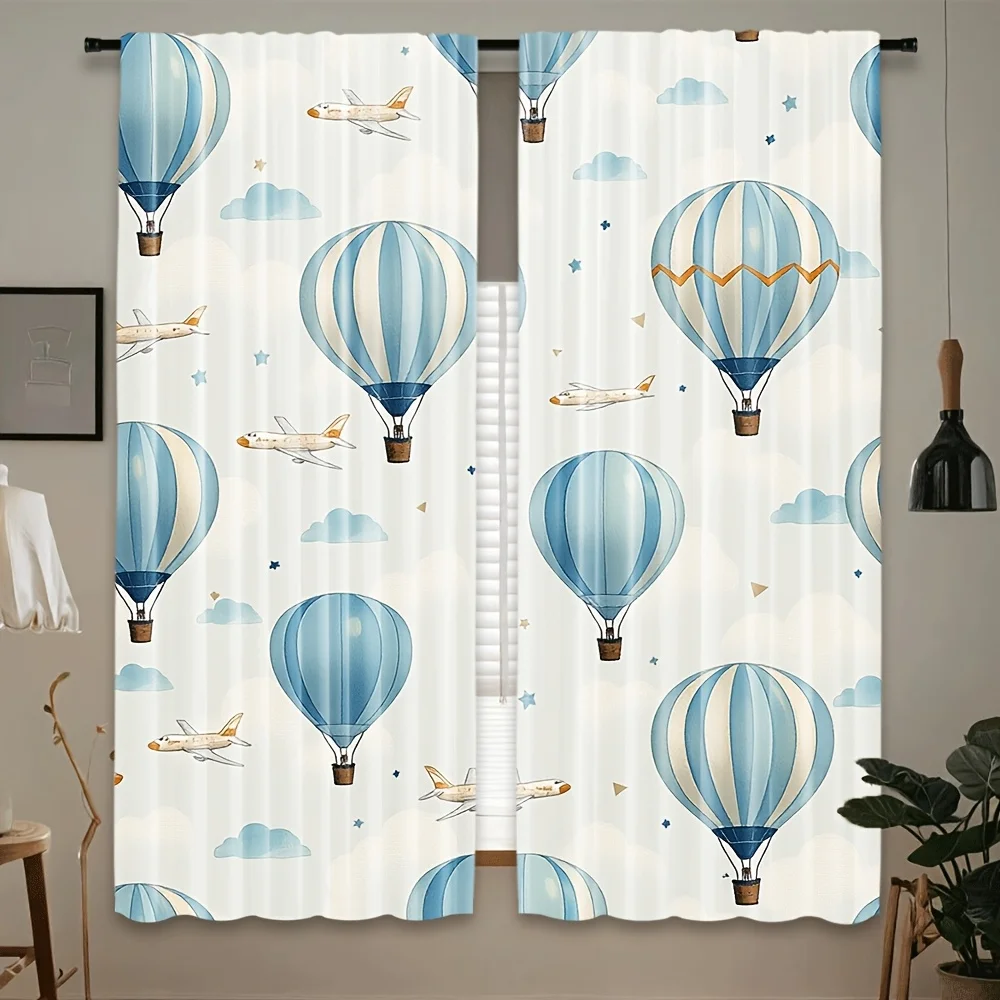 2pcs blue hot air balloon and airplane pattern curtain for kids room bedroom living room privacy and decor cute cartoon style