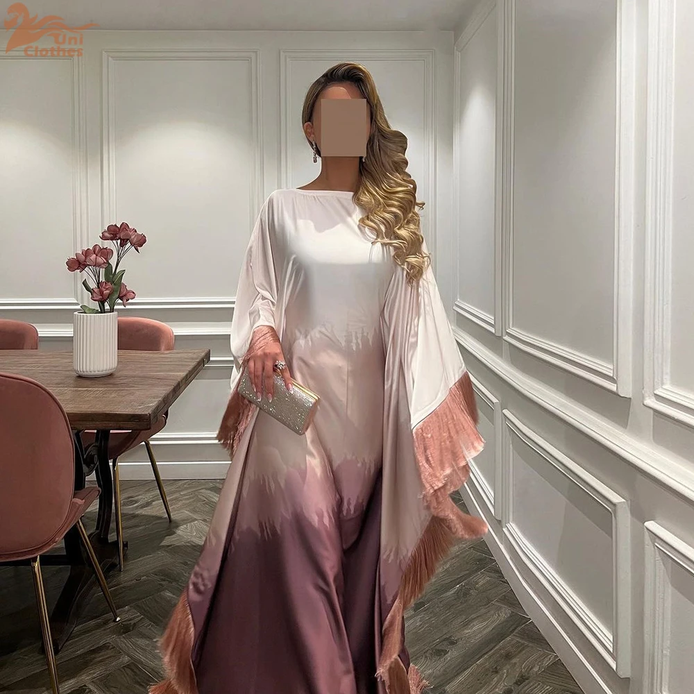 2025 New Ramadan Dubai Muslim Women\'s Abaya Dress Batwing Sleeve Tassel Gradient Print Elegant Modest Long Robe Evening Gala
