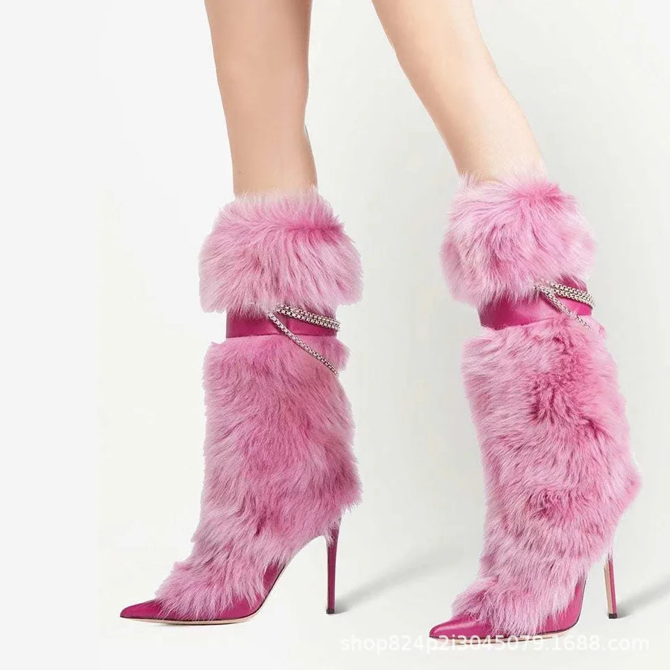 

Small Number of High-Heeled Fur Boots 2022 Spicy Girls Fried Street Pointy Thin Heel Warm Cowhide Fox Fur Fashion Boots