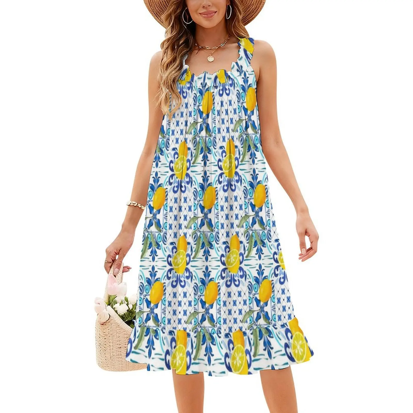 بلاط صقلية البحر الأبيض المتوسط فسيفساء الليمون المرأة الشارع الشهير فستان الحفلات العصرية طباعة نادي الملابس للإناث صقلية #4