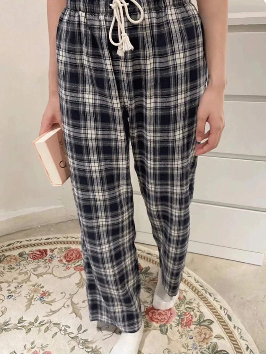 

Fashion Plaid Drawstring Cotton Sports Pants Women New Elastic Waist Straight Baggy Comfort Pants Trousers Sweet Chic Sweatpants