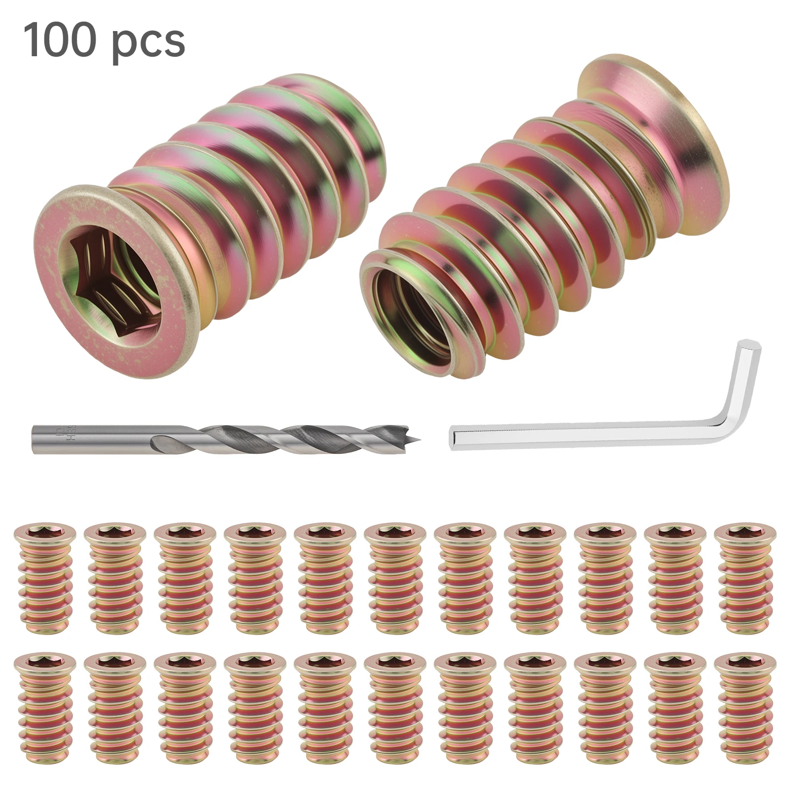 100 Pcs Hex Socket Drive Nut Inserts Set 1/4 inch 20 x 20 mm Threaded Inserts for Wood Metal Screws with Hex Wrench Drill Bit