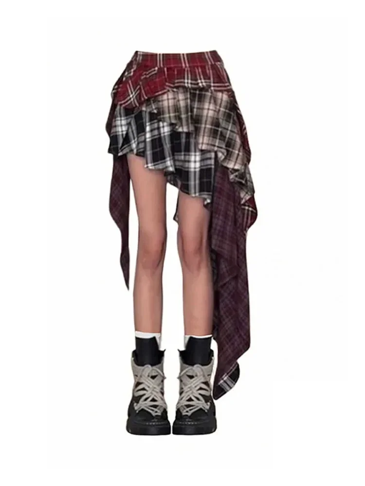 

Vintage Fashion High Quality Plaid A-line Skirt Summer Women High Street Sexy Slim Asymmetrical Mini Skirt Coquette Streetwear