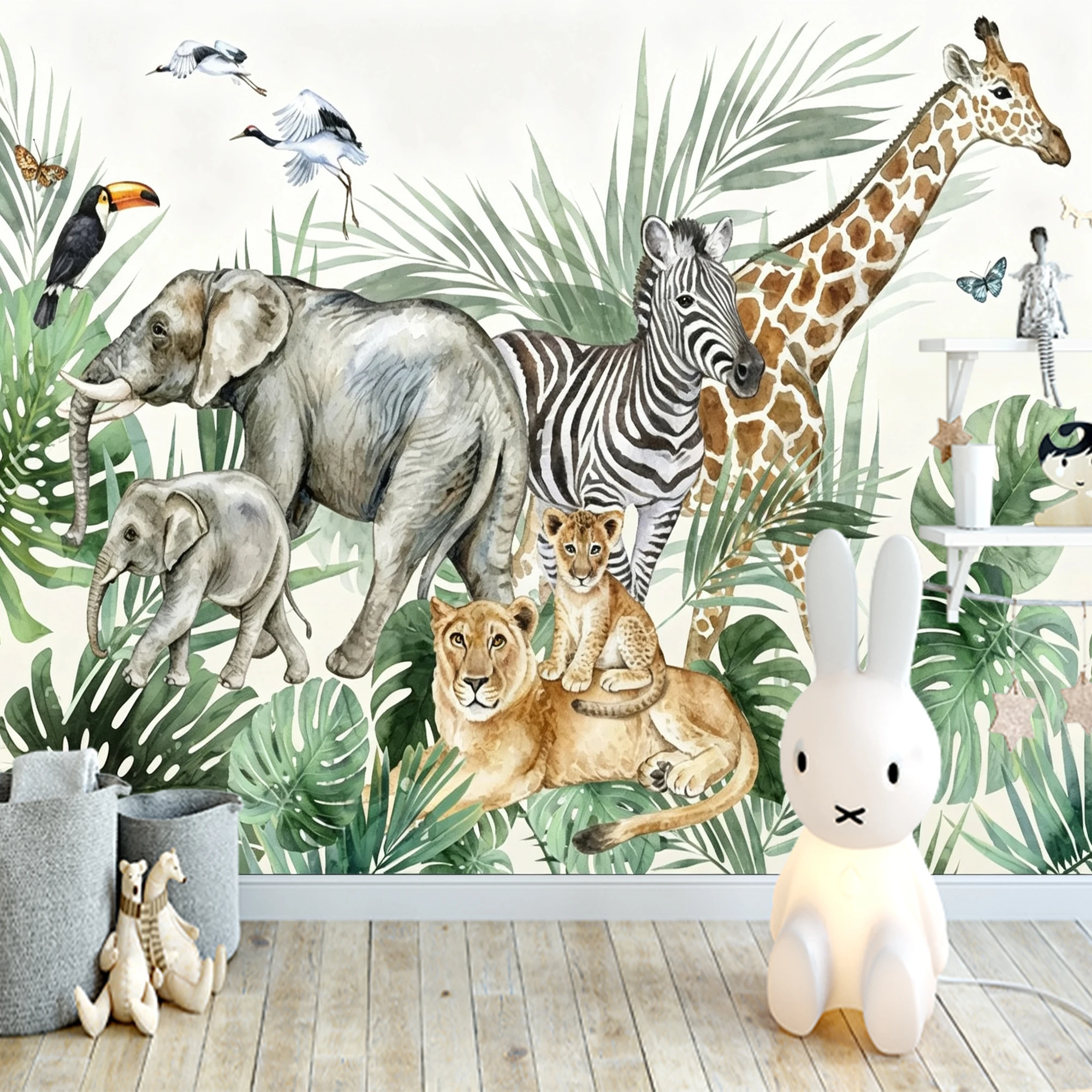 Custom Mural Wallpaper Kids Safari Animal Peel And Stick Wall  Giraffe Elephant Zebra Tropical Leaf For Nursery Bedroom Home Dec