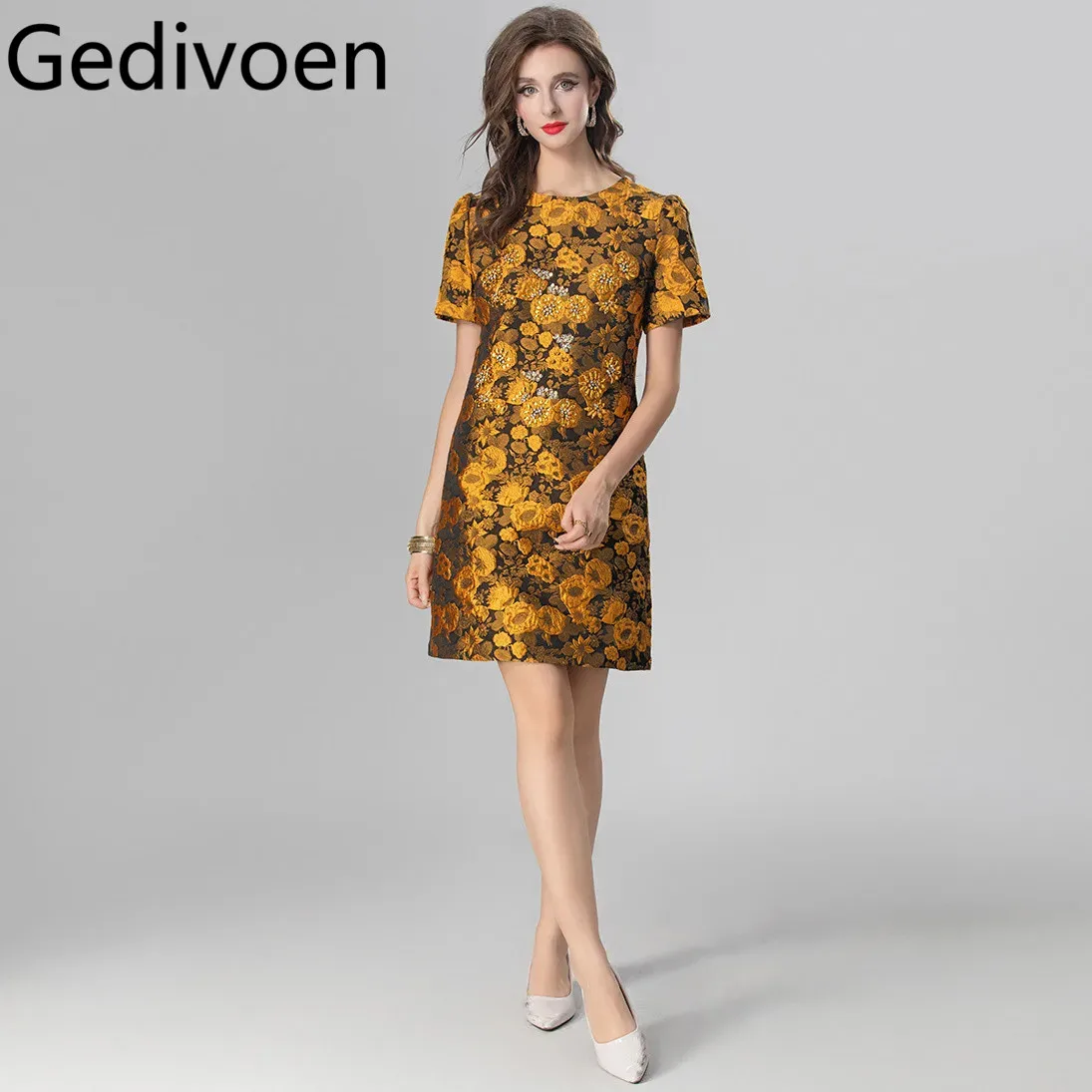 Gedivoen Fashion Design Abito estivo da donna Jacquard Perline Cristallo Manica corta High Street Mini abiti arancioni