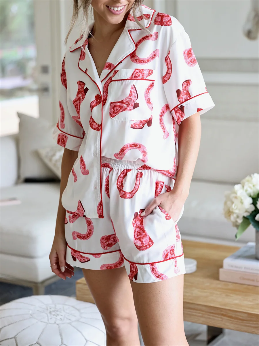 2PCS Pajamas Set Valentine\'s Day Silk Satin Sleepwear Trouser Suits Cute Print Sweet Heart Short Sleeve Shirt and Shorts Suits