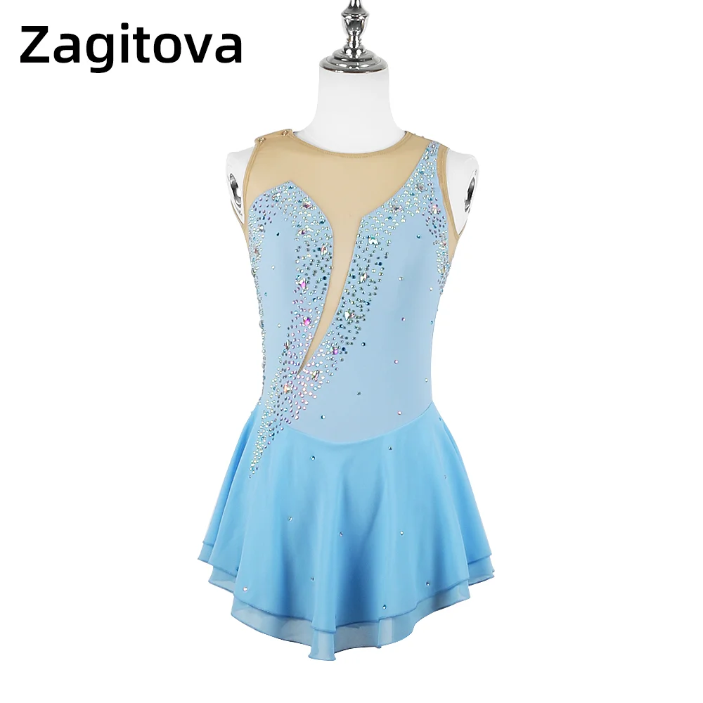 

Zagitova Figure Skating Performance Dress Women Girls Ice Skating Skirt Sleeveless Diamonds Mesh Skirt