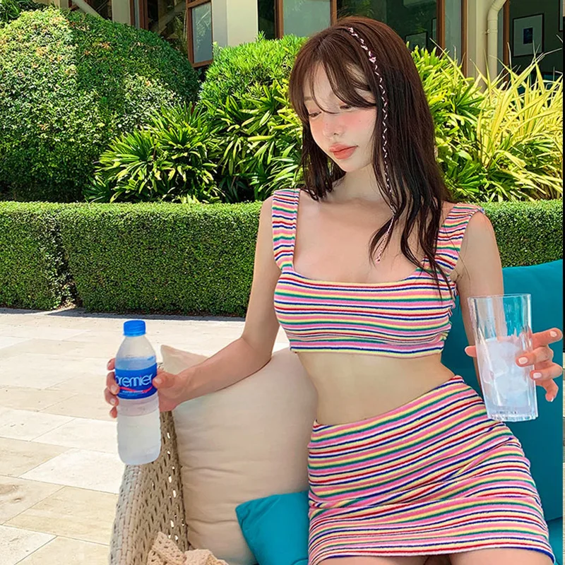 

Colorful Striped High Waist Slimming Bikini Set for Girls Conservative Wide Strap Sexy Tight Fit Fresh New Style Swimsuit
